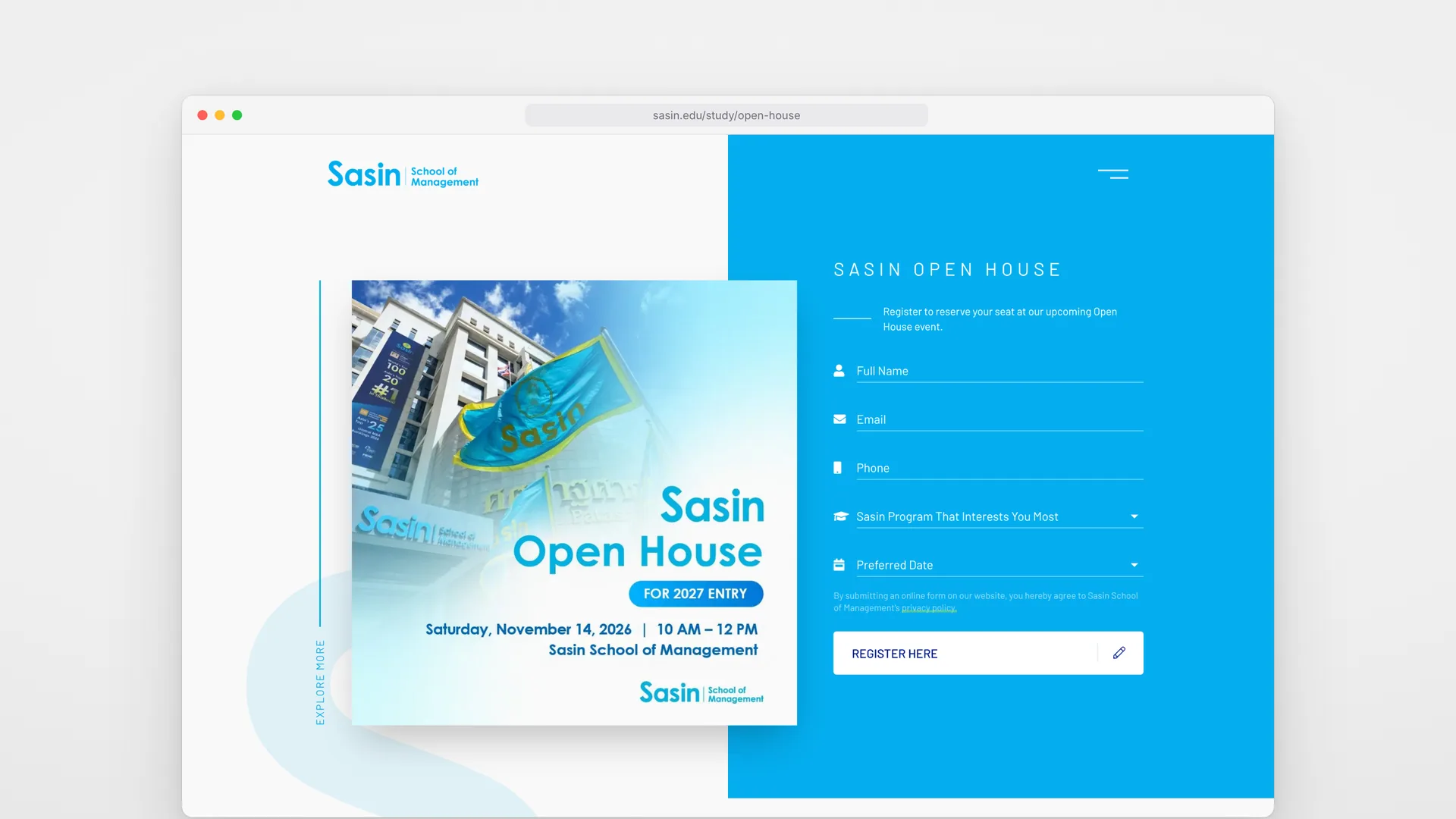 Sasin Open House registration on desktop: the event poster beside a form with programme of interest and preferred date