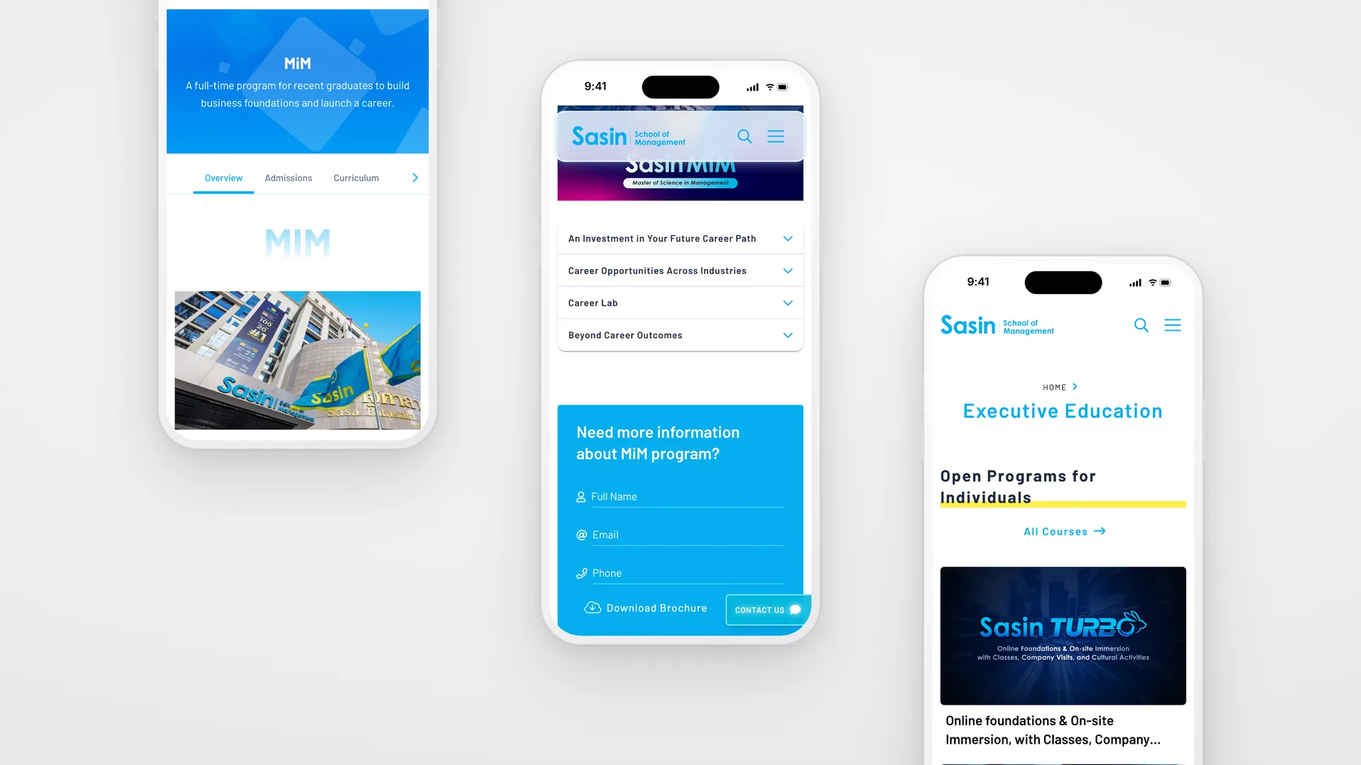 Three phones: the MiM programme page with its tabs, its career sections and brochure form, and the Executive Education page