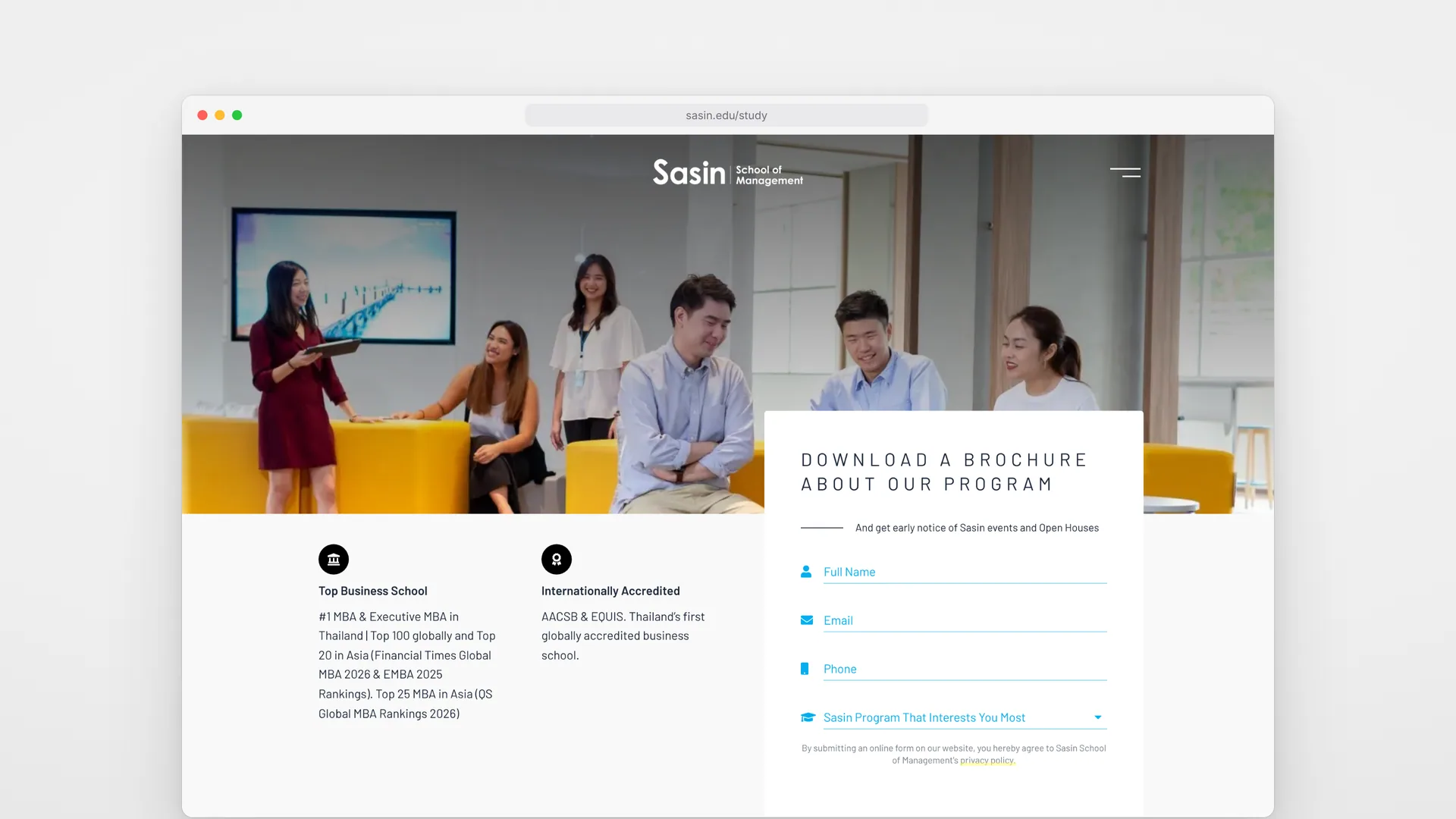 A Sasin study page on desktop: students in a lounge above a Download a Brochure form and the school’s accreditation