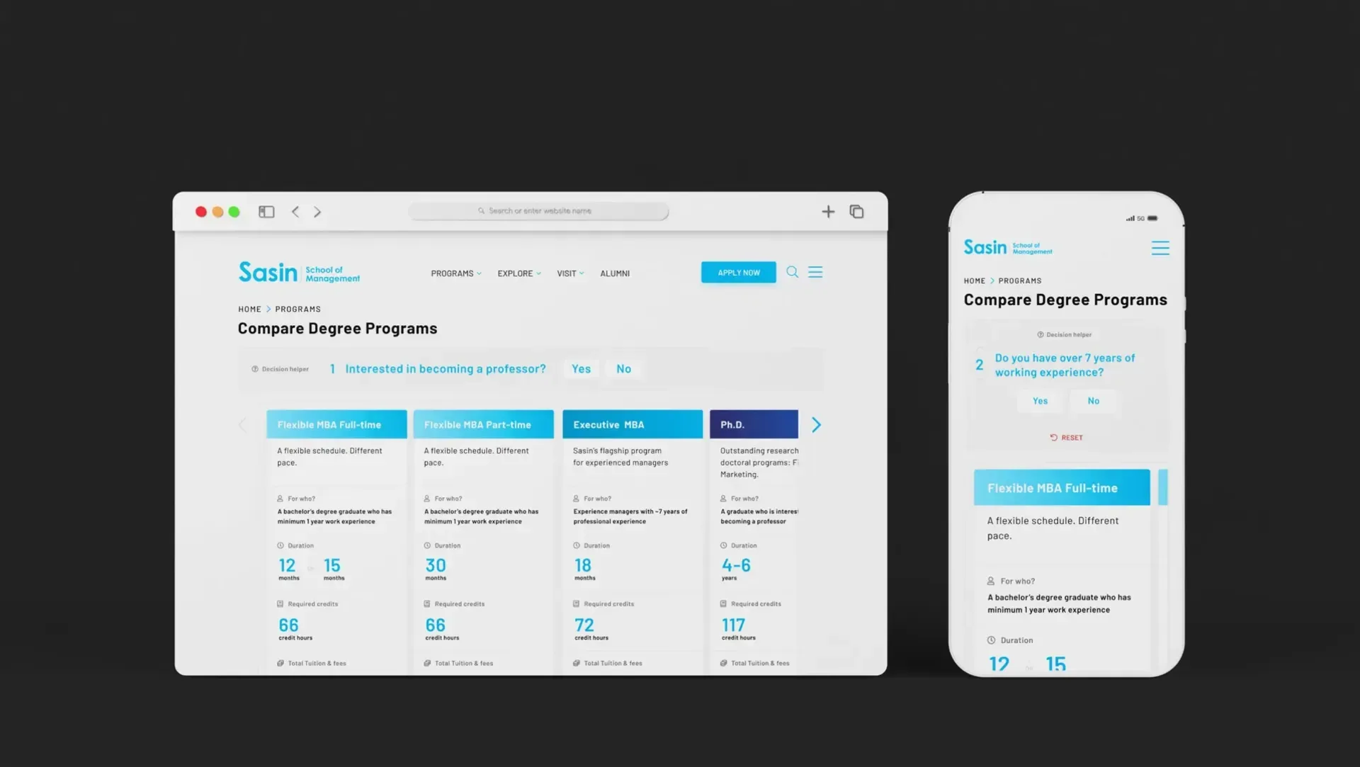 Sasin Compare Degree Programs page on desktop and mobile: a yes/no decision helper above MBA and Ph.D. columns